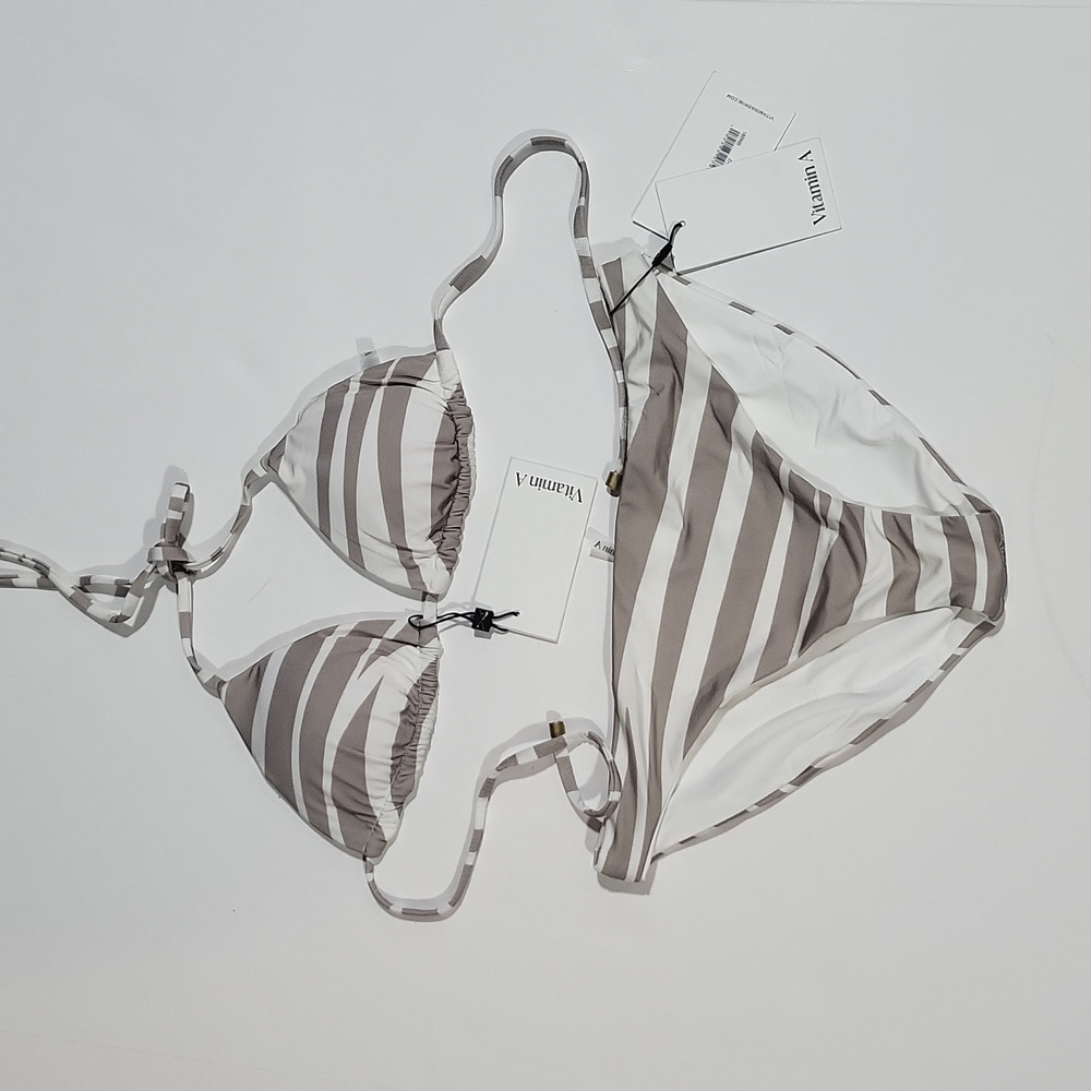 VITAMIN A Gray White Stripe Bikini- Gia Triangle Top and Midori Bottom in Zahara